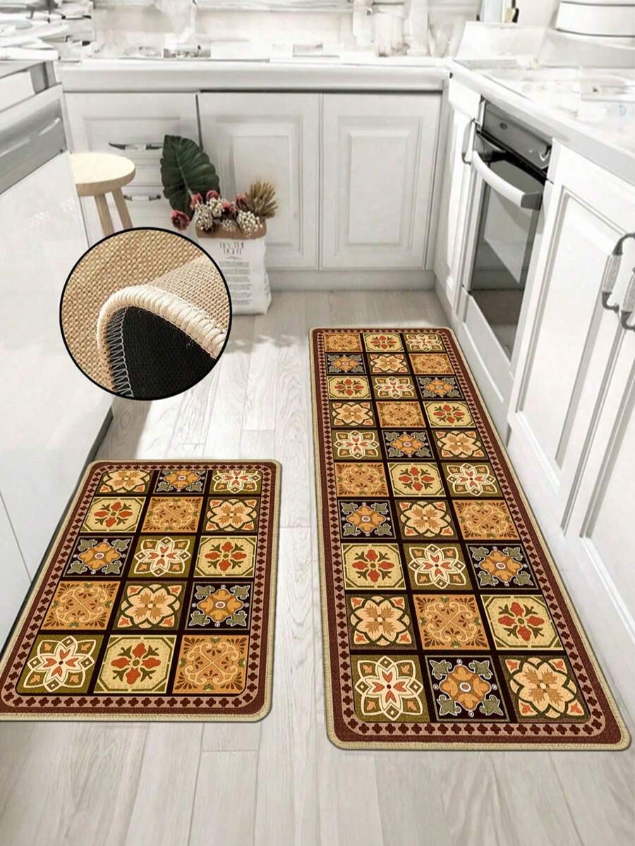 1pc Khaki Floral Tile Pattern Rubber Kitchen Mat, Absorbent And Easy To Clean, Suitable For Kitchen, Bathroom And Other Areas, Suitable For Year-Round Use, Suitable For Various Holidays - Multicolor - View 1