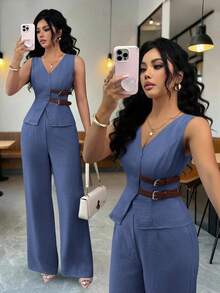 Conjunto de blazer sin mangas con decoración de cinturón y pantalones para mujer, estilo de negocios y viajes, adecuado para ocasiones de primavera/verano como atuendo de maestra - Azul lavado medio - Ver 1