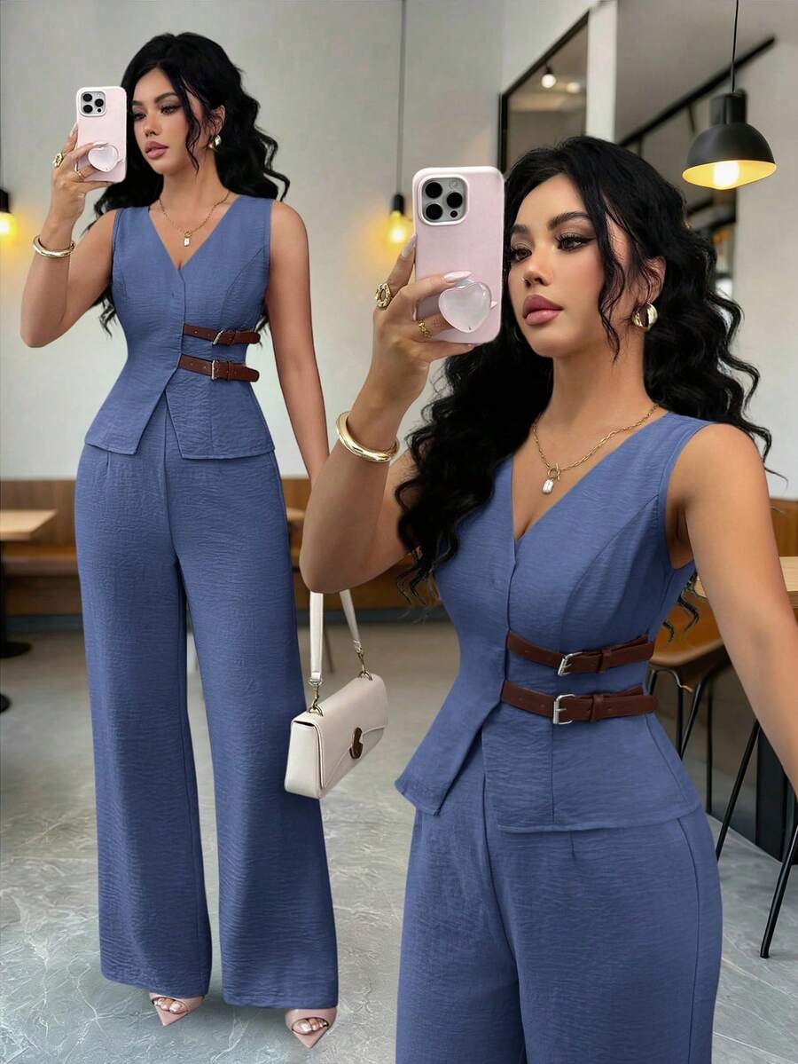 Conjunto de blazer sin mangas con decoración de cinturón y pantalones para mujer, estilo de negocios y viajes, adecuado para ocasiones de primavera/verano como atuendo de maestra - Azul lavado medio - Ver 1