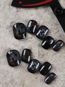 10pcs Press On Nails Black Butterfly Green Cat's Eye Nails Faux Handmade Press On Nails Fake Nails Artificial Nails Kit Includes 1sheet Adhesive Tabs &1 Pc Mini File - 彩色 - 查看 2