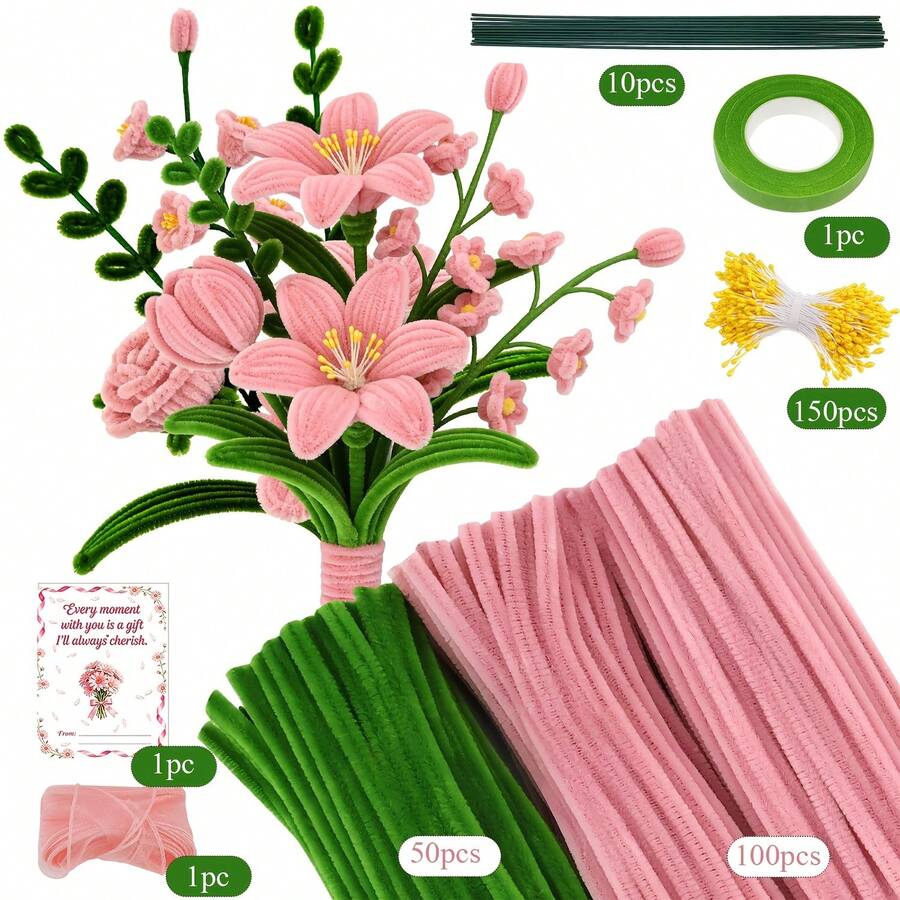 313pcs Bouquet Chenille Stem Flower Handmade Kit, Includes Greeting Card And Tutorial Video, All-In-One DIY Floral Craft Material Pack, Textured Multi-Color Accessory Set, Premium Chenille Stem Handicraft Kit