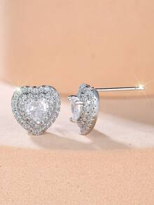 1 Pair Of Sweet Double-Layer Heart-Shaped Diamond-Studded Women's Earrings-Eye-Catching, Lightly Luxurious Jewelry For Confessions, Gifts, And Parties - Silver - View 3