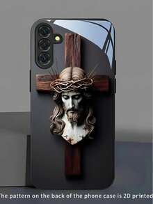 Jesús con Cruz de Madera y Corona de Espinas, Funda de Teléfono de Artesanía de Vidrio Templado de Alta Calidad Compatible con Samsung Galaxy S26/25/24/23/22/21/20/10 Ultra/FE+, Note20,/Ultra, A70/56/55/54/53/52/51/36/35/34/32/26/25/24/23/16/15/14/06/05/03, Funda Compatible con iPhone 17, 17 Air, 16, 15, 14, 13, 12, 11, PRO MAX, PLUS, - Negro - Ver 1