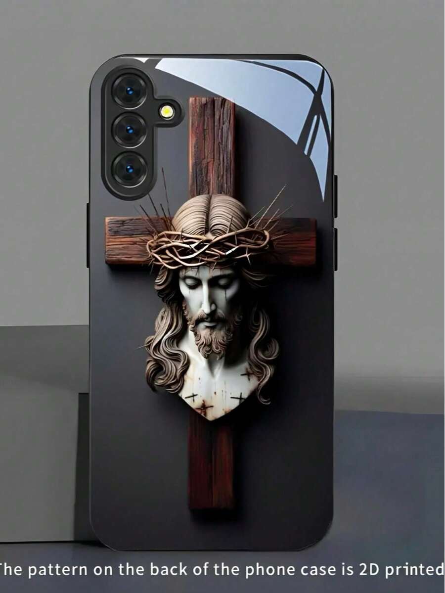 Jesús con Cruz de Madera y Corona de Espinas, Funda de Teléfono de Artesanía de Vidrio Templado de Alta Calidad Compatible con Samsung Galaxy S26/25/24/23/22/21/20/10 Ultra/FE+, Note20,/Ultra, A70/56/55/54/53/52/51/36/35/34/32/26/25/24/23/16/15/14/06/05/03, Funda Compatible con iPhone 17, 17 Air, 16, 15, 14, 13, 12, 11, PRO MAX, PLUS, - Negro - Ver 1