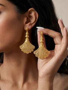 1 Pair Luxury Exquisite Shell Tassel 24K Gold Plated Earrings, Suitable For Women, Girls, Wedding, Daily Wear, No Packaging Box Included. - Gold - View 6