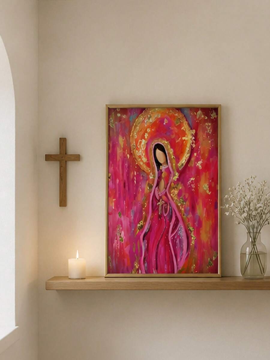 1 buc. tabloul plat 2D, A 2D Plane, cu mural abstract, tipar pe pânză vibrant în roz, auriu și albastru, fără ramă, decor religios modern potrivit pentru baie - Personajul A - Vizualizare 1