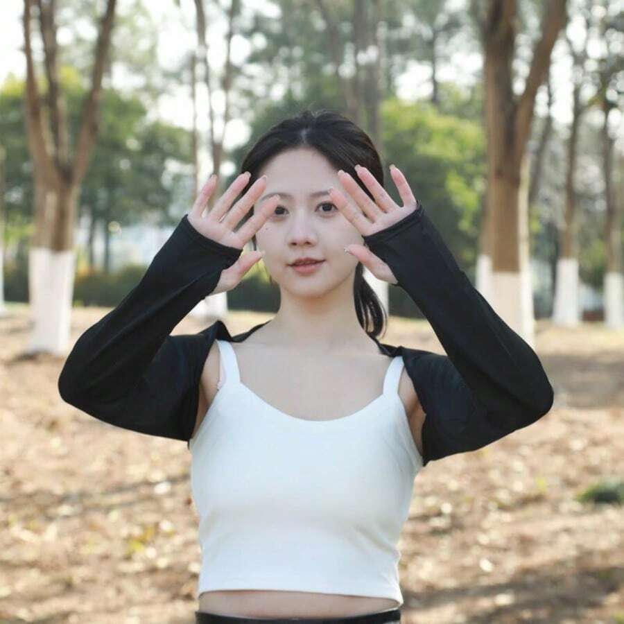 2件組黑白女款防曬袖套,防護涼感圍脖披肩,指環長袖護腕,適合開車、高爾夫、騎單車及戶外運動活動 - 彩色 - 查看 1