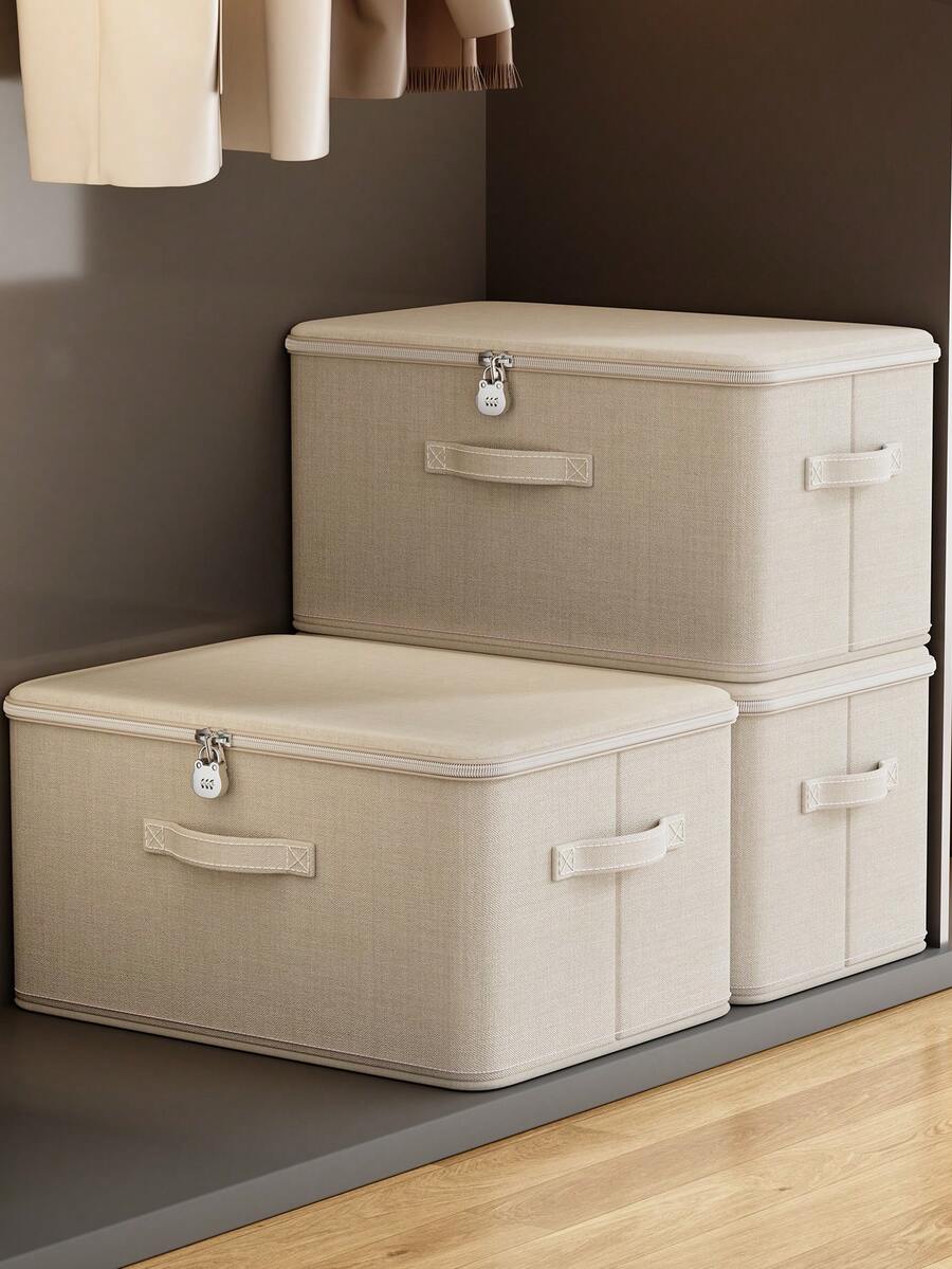 1件可折疊布製收納盒附蓋，大容量可上鎖衣物收納箱，多功能衣物、被褥與毯子整理盒，適用於衣櫥、房間、臥室、宿舍及居家收納