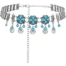 Cadena de Cintura Étnica para Mujer con Adornos Metálicos Exóticos, Borlas Turquesas y Flores en Forma de Gota - D - Ver 1