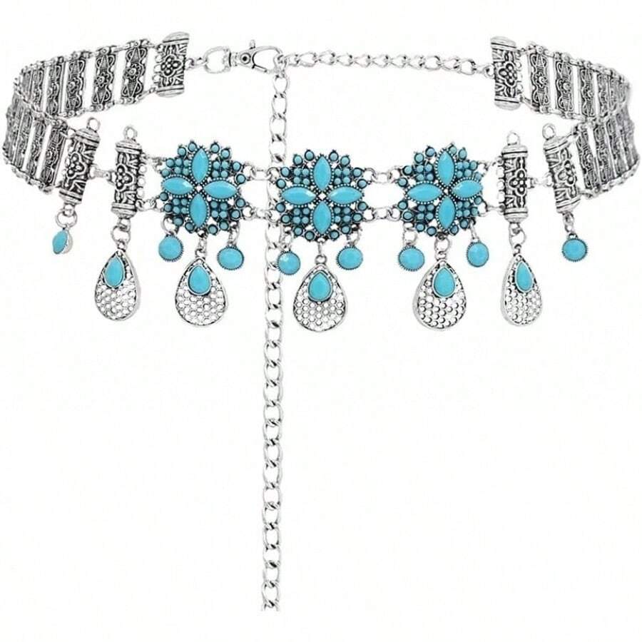 Cadena de Cintura Étnica para Mujer con Adornos Metálicos Exóticos, Borlas Turquesas y Flores en Forma de Gota - D - Ver 1
