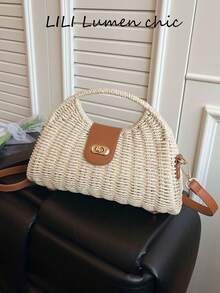 Borsa in paglia beige con tracolla regolabile e rimovibile, design leggero e portatile con chiusura a torsione, e texture intrecciata alla moda e versatile. Ideale per vacanze, spiaggia o shopping. - Beige - Visualizzare 1