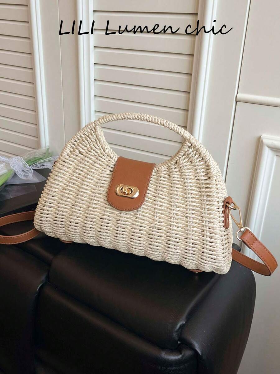 Borsa in paglia beige con tracolla regolabile e rimovibile, design leggero e portatile con chiusura a torsione, e texture intrecciata alla moda e versatile. Ideale per vacanze, spiaggia o shopping. - Beige - Visualizzare 1
