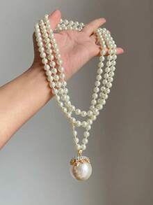 1pc Elegant Rhinestone & Faux Pearl Long Necklace, Women's Daily & Party Wear, Ideal Gift For Friends - Off-white - View 4