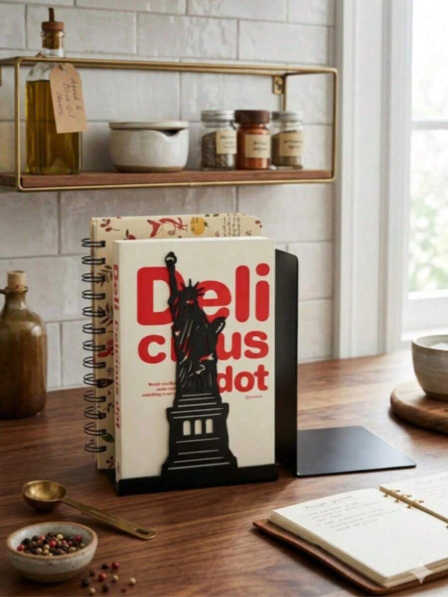 1Pc Creative Metal Bookend, Multiple Styles Statue Of Liberty, Guangzhou Landmark & Prayer Hall Designs, Black Wrought Iron Sturdy Anti-Slip Book Holder, Decor For Thick Books, Perfect Desk Ornament & Holiday Gift For Study, Kitchen And Office. - Multicolor - View 1