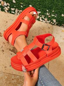 女款韓式厚底涼鞋 時尚休閒夏季坡跟厚底羅馬涼鞋 度假必備 - 橘色 - 查看 3