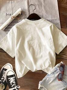 Women's 100% Cotton Mint Green Pearl Lip Print Tee, Loose Crew Neck, Summer Casual 4th Of July Outfit - 杏色 - 查看 2