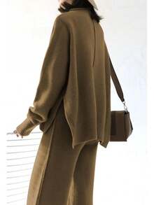 AOHITE Mujeres Adultas Conjunto de Ropa Casual Beige: Camiseta de Manga Larga con Cuello Redondo y Pantalones Anchos - Caqui - Ver 5