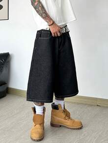 1 Stück Justice Brother lässige, locker sitzende Denim-Shorts mit bestickter Gesäßtasche, vielseitige Sommer-Streetwear, bequeme Bermuda-Shorts (ohne Gürtel/Zubehör) - Schwarz - Übersicht 6