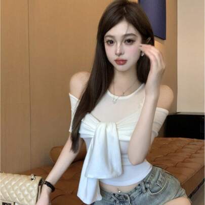 レディース トップス 半袖 カットソー オフショルダー フェイクレイヤード 重ね着風 肩掛け風 タイト ショート丈 着痩せ 華奢見え 二の腕カバー 骨格ウェーブ 韓国ファッション 大人可愛い セクシー デート ホワイト 白