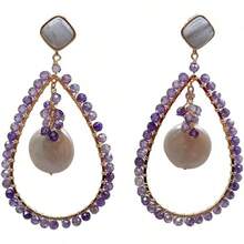 Pendientes de Lágrima Redondos de Amatista, Chapados en Oro, con Perla Blanca y Ágatas de Encaje Morado y Azul PWIGAAHTW - 1 - Ver 1