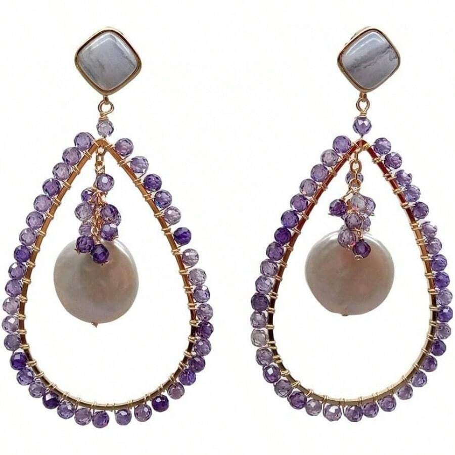 Pendientes de Lágrima Redondos de Amatista, Chapados en Oro, con Perla Blanca y Ágatas de Encaje Morado y Azul PWIGAAHTW - 1 - Ver 1