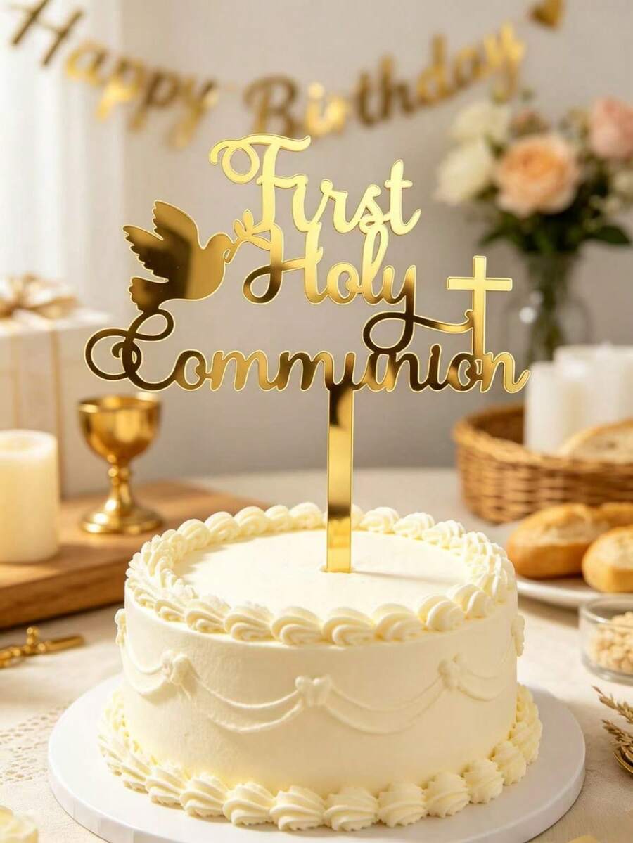 3pcs Golden Acrylic Communion Cake Top-Cross Design, Ideal For Baptism, Confirmation, Communion And Baby Gathering, Multiple Religious Cake Decorations, Religious Event Decorations | Elegant Cake Top | Durable Cake Decorations, Christian Cake Pack - StyleE - View 1