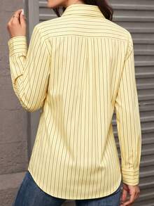 Women's Striped Button Down Shirts Long Sleeve Business Casual Work Office Blouse Retro Collared Tops - Yellow - View 2