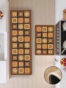 1pc Khaki Floral Tile Pattern Rubber Kitchen Mat, Absorbent And Easy To Clean, Suitable For Kitchen, Bathroom And Other Areas, Suitable For Year-Round Use, Suitable For Various Holidays - Multicolor - View 6