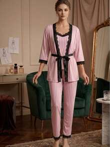 Conjunto de pijama de pantalones largos con tirantes finos y estampado integral - Blanco - Ver 1