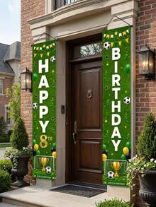 2pcs Football Happy Birthday Vertical Door Banner, 5 6 7 8 9 10 Years Old Football Birthday Doorway Decoration, Green Grass Trophy Print Sports Theme Kids Age Front Door Yard Hanging Party Decor - A - View 7
