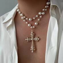 Colgante de cruz de lujo vintage europeo y americano, collar de perlas versátil unisex, conjunto de joyas de estilo gótico para fiestas. - Negro - Ver 7