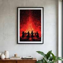 1pc Framed Canvas Wall Art, Vintage Red Fire Witch Gathering, Four Witches Holding Hands In Dark Forest, Gothic Dark Academia Eerie Halloween Witch Atmosphere Wall Decor - Campfire Witch - View 6