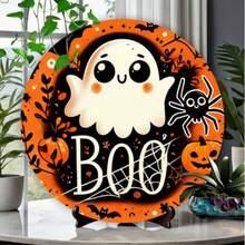 2D Flat Ghost Print Round Wooden Decorative Hanging Sign, Waterproof Durable Halloween Party Scene Decoration, Suitable For Wreath, Wall, Garden, Store, Multi-Holiday Decor - Orange - View 6