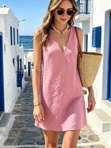 Vuslat Women's Sleeveless V-Neck Dress, Solid Color, Linen-Like Fabric, Elegant And Woven, Casual, Suitable For The Beach, Parties, Weddings, Vacations And Birthday Parties - 羅莎 - 查看 11