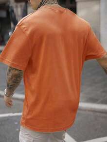 Men's Solid Color Low Elasticity Simple Lightweight Loose Fit Short Sleeve T-Shirt, Versatile For Summer - Orange - View 2