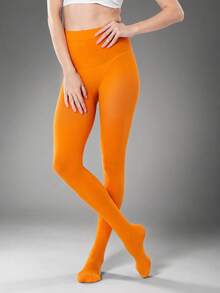 Women's Orange Opaque Stirrup Tights, High Waist Stretch Pantyhose For Costumes, Dance & Colorful Outfits - Multicolor - View 9