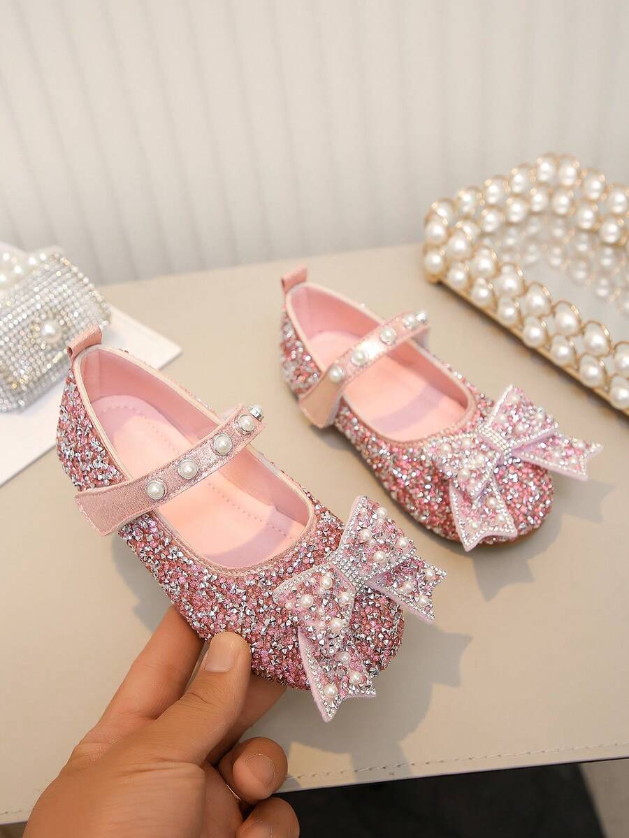Zapatos planos de princesa para niñas con decoración de lazo de perlas & strass, elegantes & versátiles para primavera, verano, otoño - Rosa - Ver 1