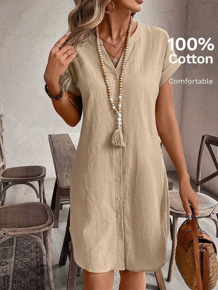 Women's Casual Solid-Color Mini Dress With Front Buttons And Short Sleeves - Apricot - View 1