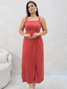 Elegant Long Dress With Slit, Elasticated Waistband, And Viscose Lining - Perfect For Parties, Weddings, And Graduations. - 亮橙色 - 查看 4
