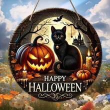 2D Flat Vintage Black Cat Round Wooden Hanging Sign, Waterproof & Durable, Happy Halloween Text With Pumpkin & Bat, Halloween Party Scene Decor For Door, Window, Porch & Home - Black - View 8