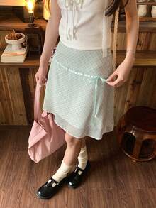 Summer Fresh Plaid Skirt With Bow Tie - Mint Green - View 1