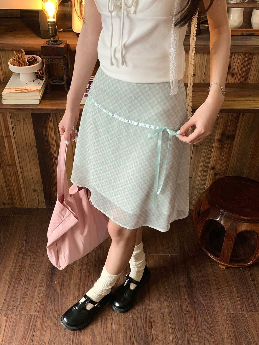 Summer Fresh Plaid Skirt With Bow Tie - Mint Green - View 1