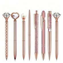 9/5pcs Rose Gold Rhinestone Diamond Ballpoint Pen Set, Metal Writing Pen Inlaid With Artificial Crystal, Smooth Writing, Quick-Drying Ink, Suitable For Party Gifts, Wedding Guest Book, Women's Office Desk Accessories - Multiple Styles - View 9