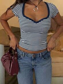Spring/Summer Striped Short Sleeve T-Shirt, Slim Fit, Minimalist Casual Style, Versatile Basic For Daily Wear And Vacation - Multicolor - View 5