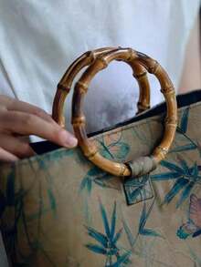 1pc Round Hand-Woven Solid Wood Handbag - Brown - View 3