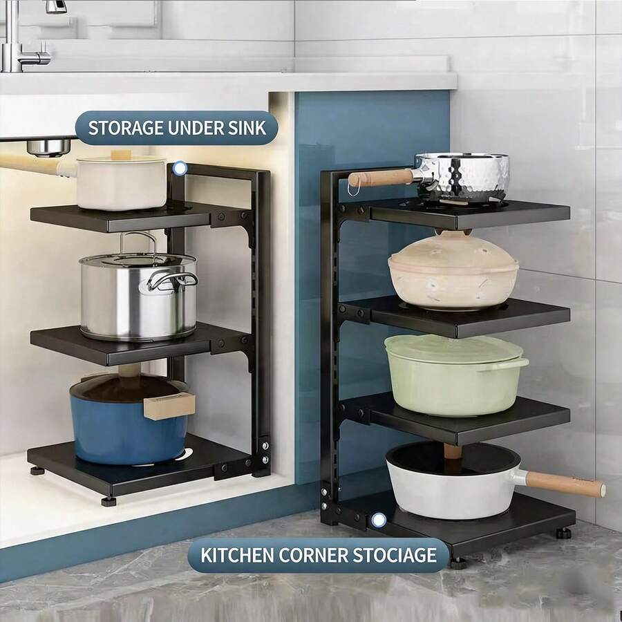 Adjustable 2/3/4 Tier Kitchen Storage Rack, Multi-Functional Organizer, Suitable For Cabinets Or Countertops. Can Hold Pots, Pans, Utensils, Vegetables And Fruits. Easy To Install And Adjust. Durable Kitchen Accessory. - Black - View 1