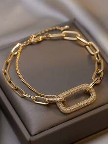 1 Piece Rhinestone Inlaid Chain Bracelet With Simple Yet Elegant Geometric Shape, Unique And Fashionable Design - Yellow Gold - View 1