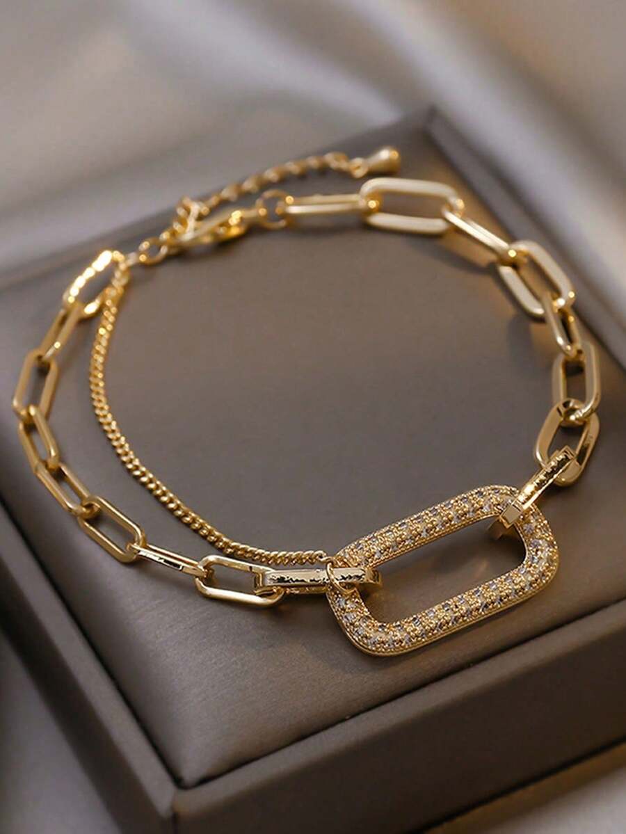 1 Piece Rhinestone Inlaid Chain Bracelet With Simple Yet Elegant Geometric Shape, Unique And Fashionable Design - Yellow Gold - View 1
