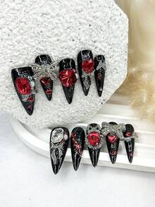 10pcs Baroque Style Dark Gothic Shiny Red Rhinestone Metal Bowknot False Nails, Removable And Reusable Nail Art Supplies (1pc Jelly Sticker + 1pc Nail File) Handmade Press On Nails - 黑色 - 查看 2