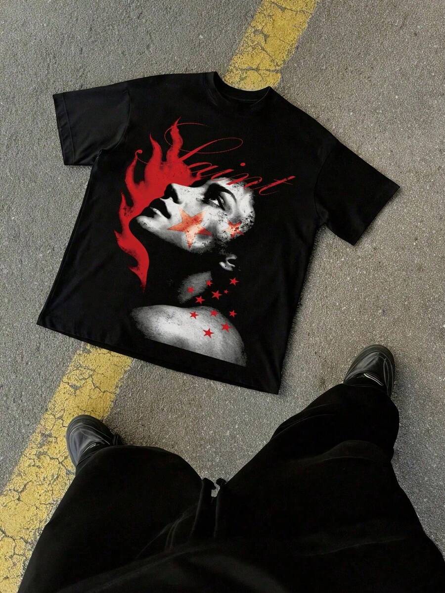 Manfinity Roughcore Camiseta de manga corta de cuello redondo casual con estampado de ojos y palmas para hombres - Blanco y Negro - Ver 1